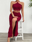 Grecian Neck Top and Slit Skirt Set - SELFTRITSS   