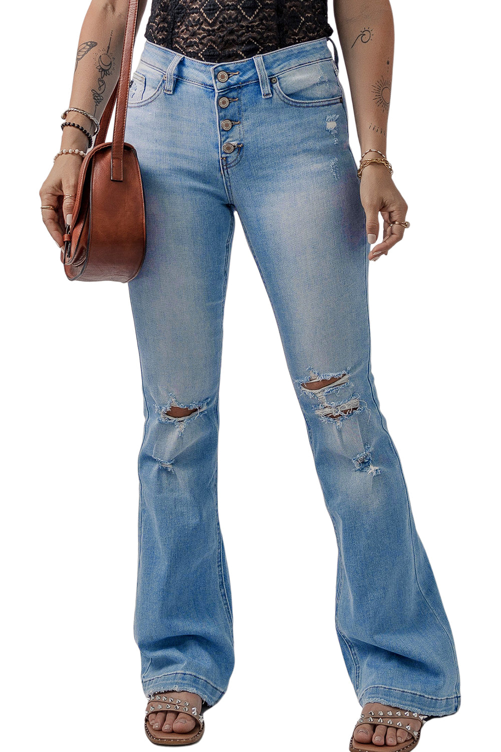 Beau Blue High Waist Button Front Ripped Flare Jeans - SELFTRITSS