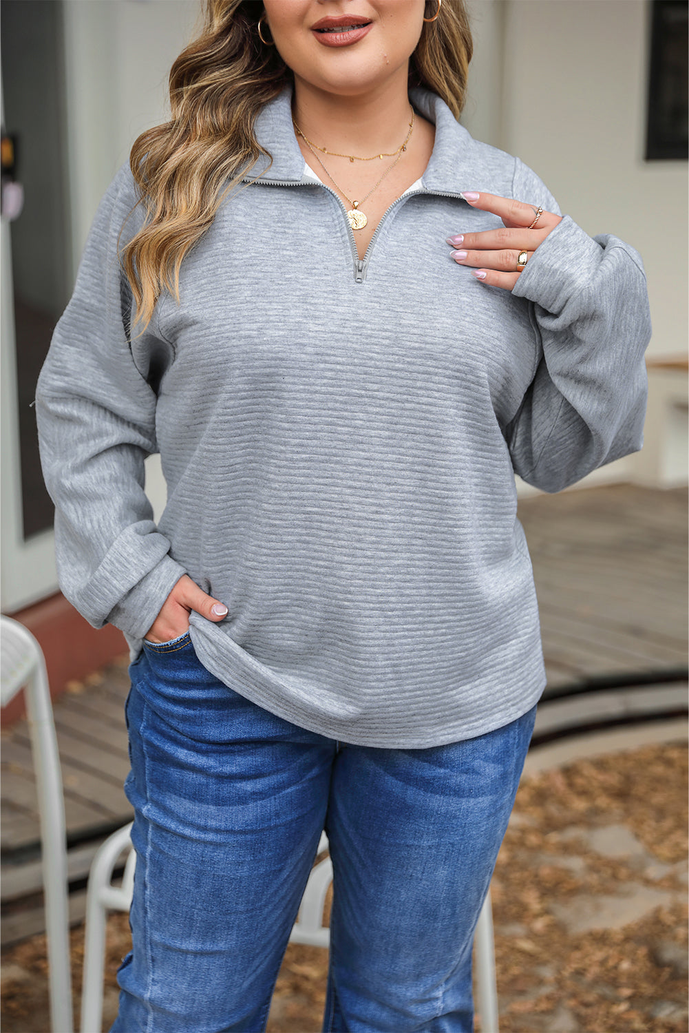 Light Grey Quarter Zipper Collared Ribbed Knit Plus Size Top - SELFTRITSS   