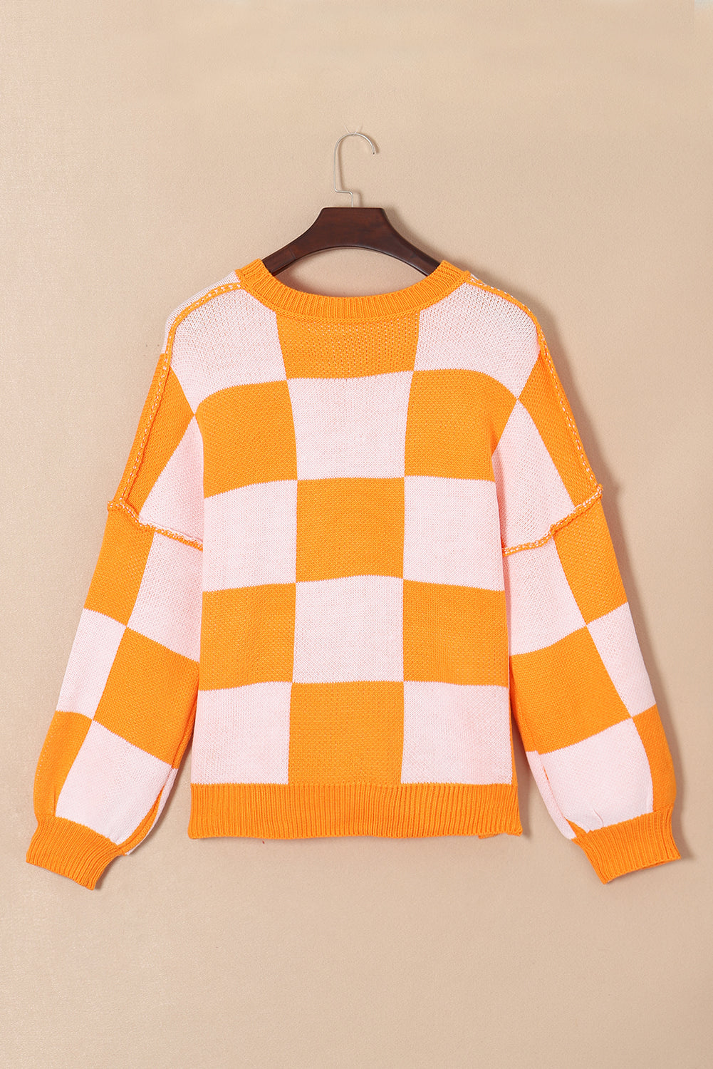 Orange Checkered Bishop Sleeve Sweater - SELFTRITSS   