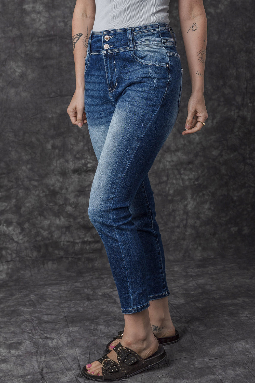 Blue Vintage Washed Two-button High Waist Skinny Jeans - SELFTRITSS