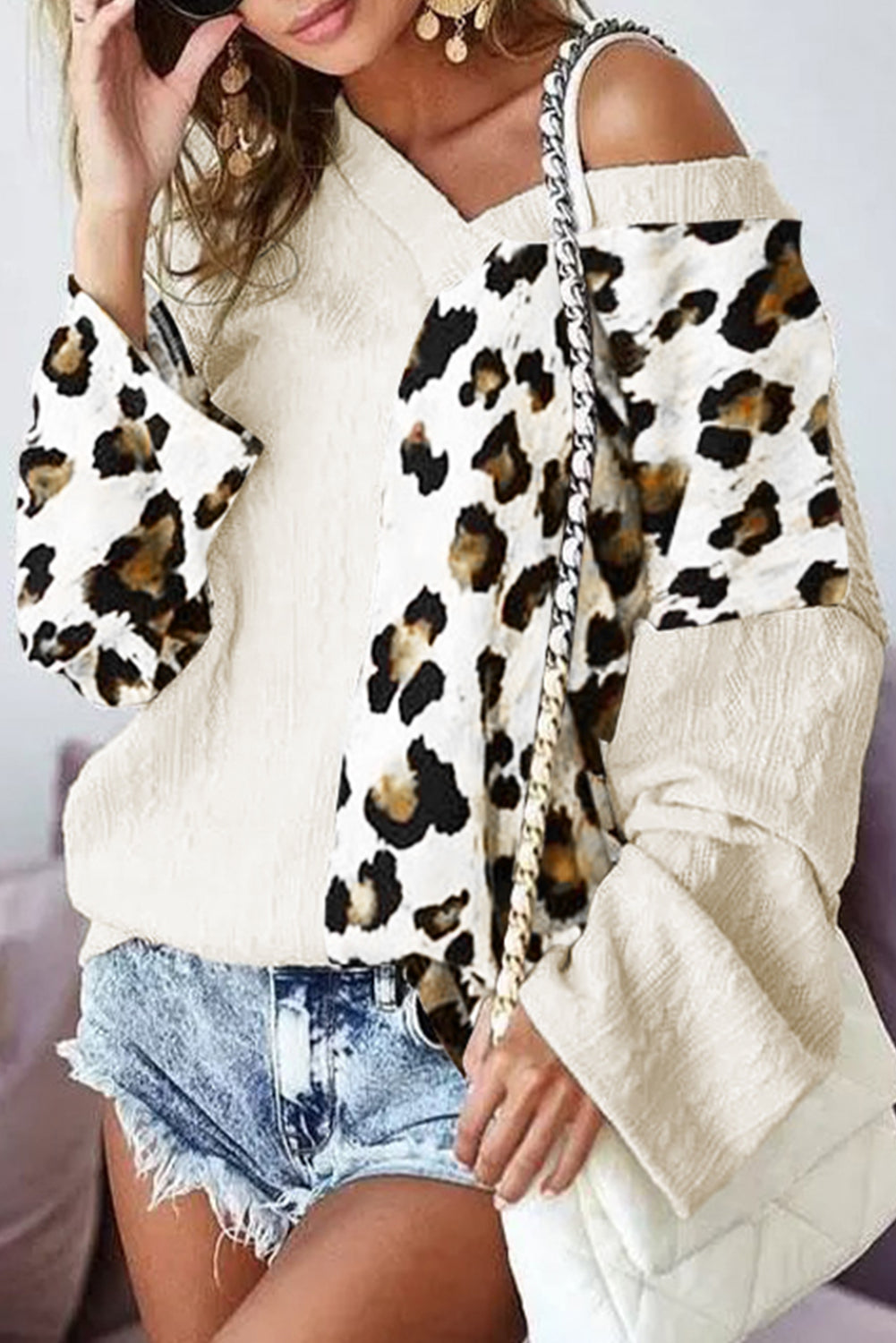 Beige Asymmetric Leopard Patchwork Wide Sleeve V Neck Sweater - SELFTRITSS