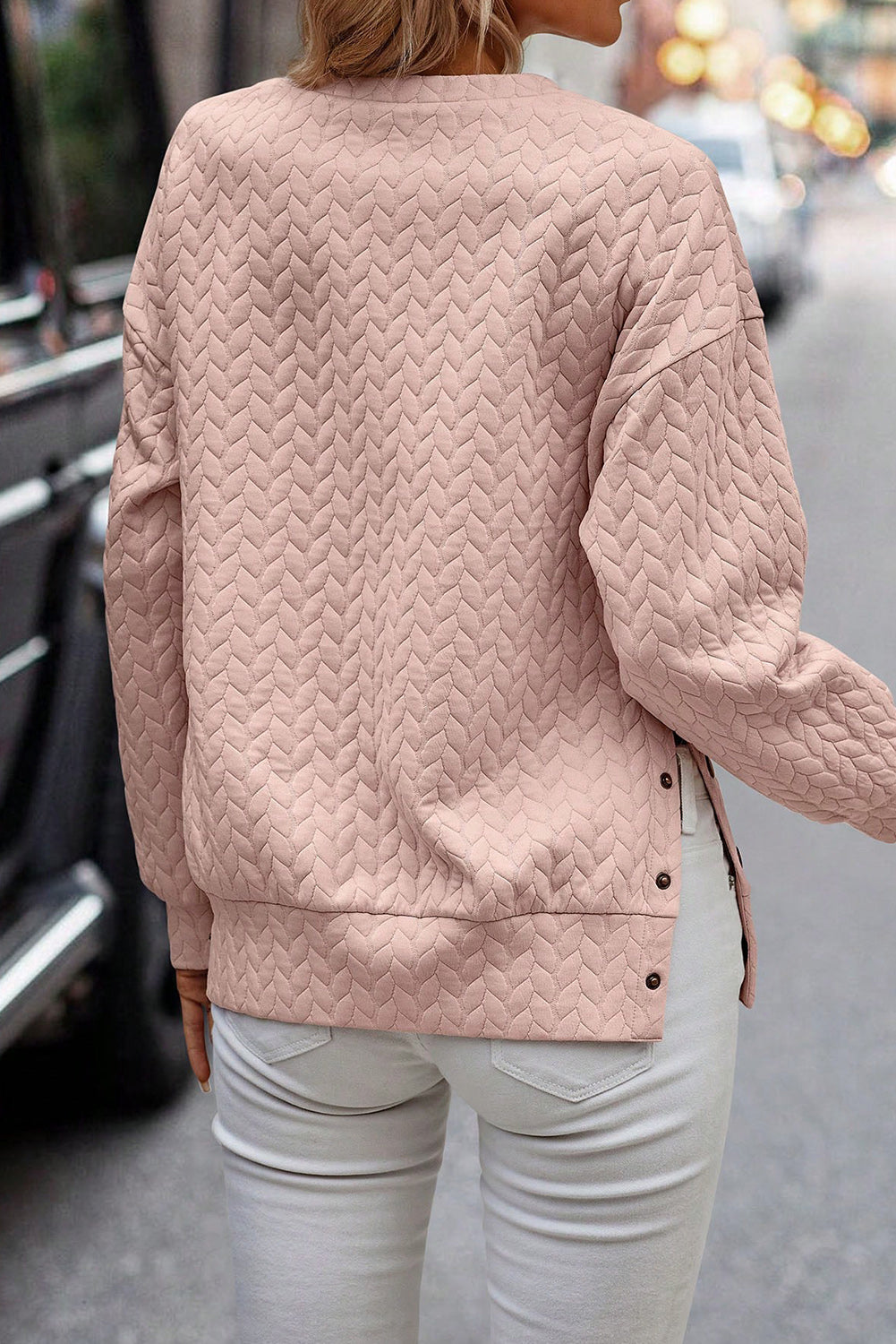 Pale Chestnut Side Buttons Cable Textured Sweatshirt - SELFTRITSS