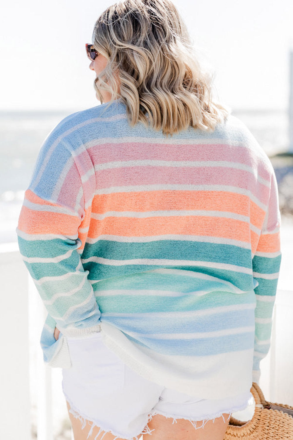 Multicolor Striped Crewneck Plus Size Sweater - SELFTRITSS