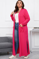 Strawberry Pink Plus Size Side Split Pockets Duster Cardigan - SELFTRITSS