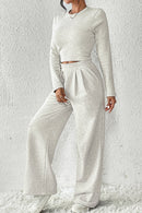 Beige Crop Top and Wide Leg Pants Two Piece Set - SELFTRITSS