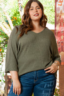 Jungle Green Plus Size V Neck Textured Knit Dolman Top - SELFTRITSS   