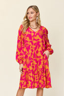 Double Take Full Size Printed Ruffle Hem Long Sleeve Dress - SELFTRITSS   