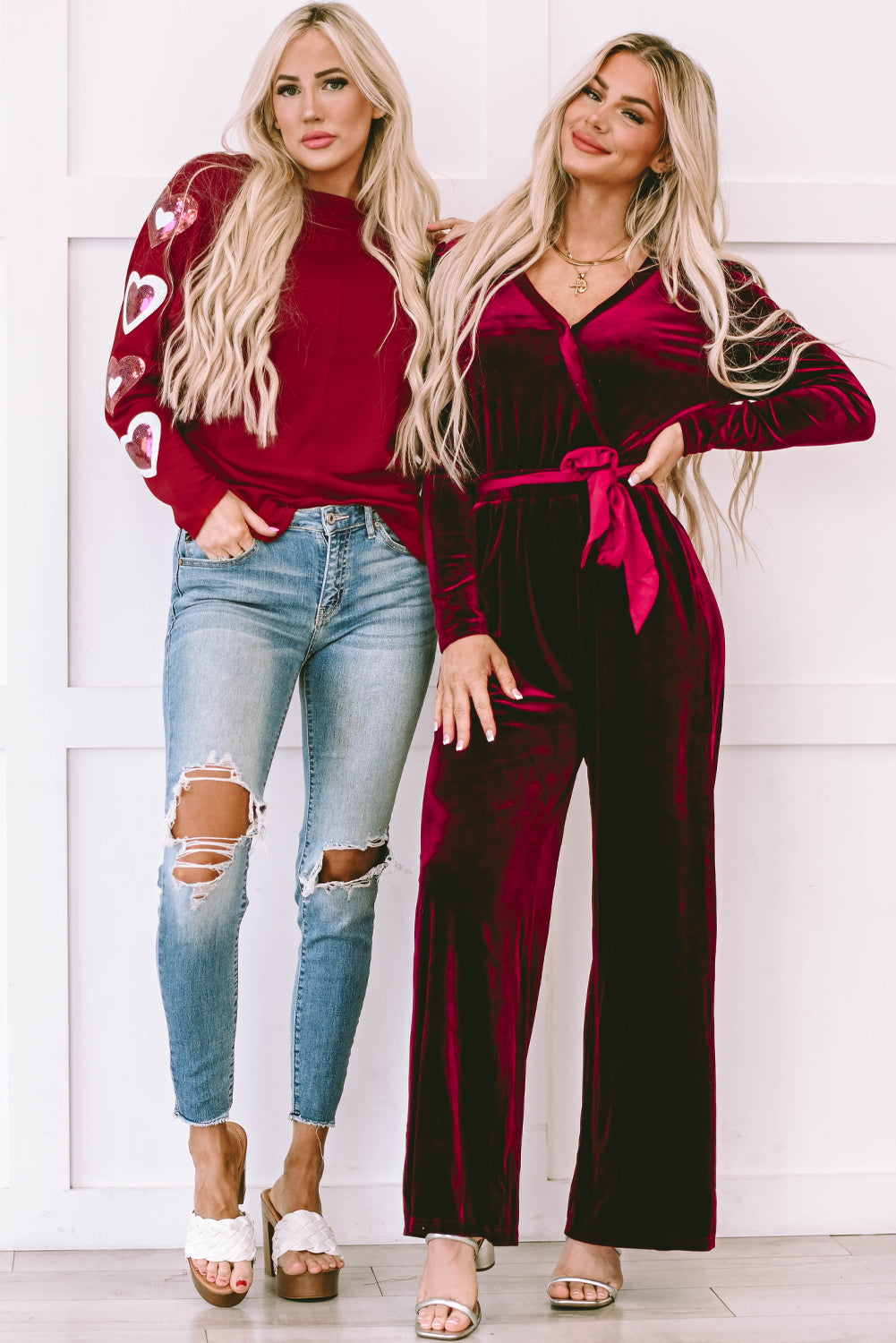 Fiery Red Velvet Pocketed Cut out Back Wide Leg Jumpsuit - SELFTRITSS