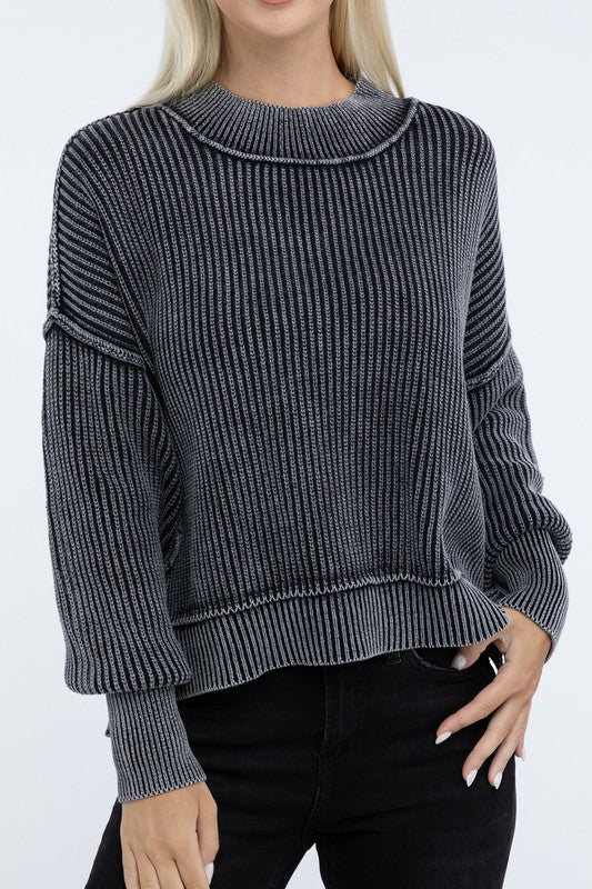 Sage Washed Side Slit Oversized Cropped Sweater