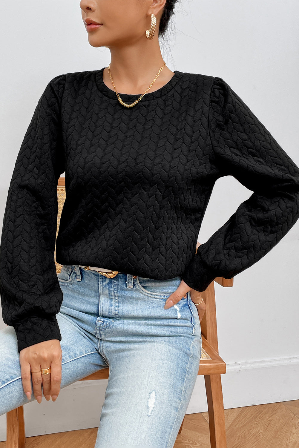 Black Cable Textured Puff Sleeve Sweatshirt - SELFTRITSS