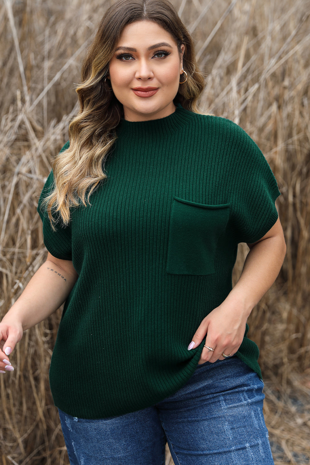 Jungle Green Plus Size Mock Neck Chest Pocket Short Sleeve Sweater - SELFTRITSS