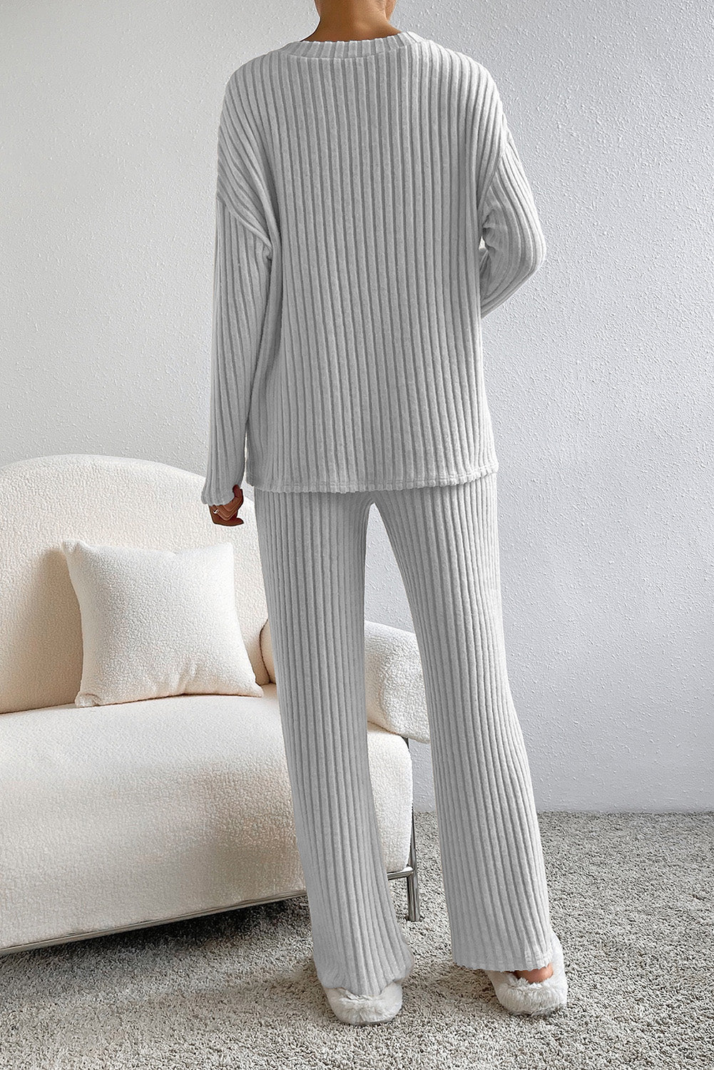 Light Grey Ribbed Knit V Neck Slouchy Two-piece Outfit - SELFTRITSS   