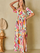 Slit Printed Surplice Short Sleeve Maxi Dress - SELFTRITSS