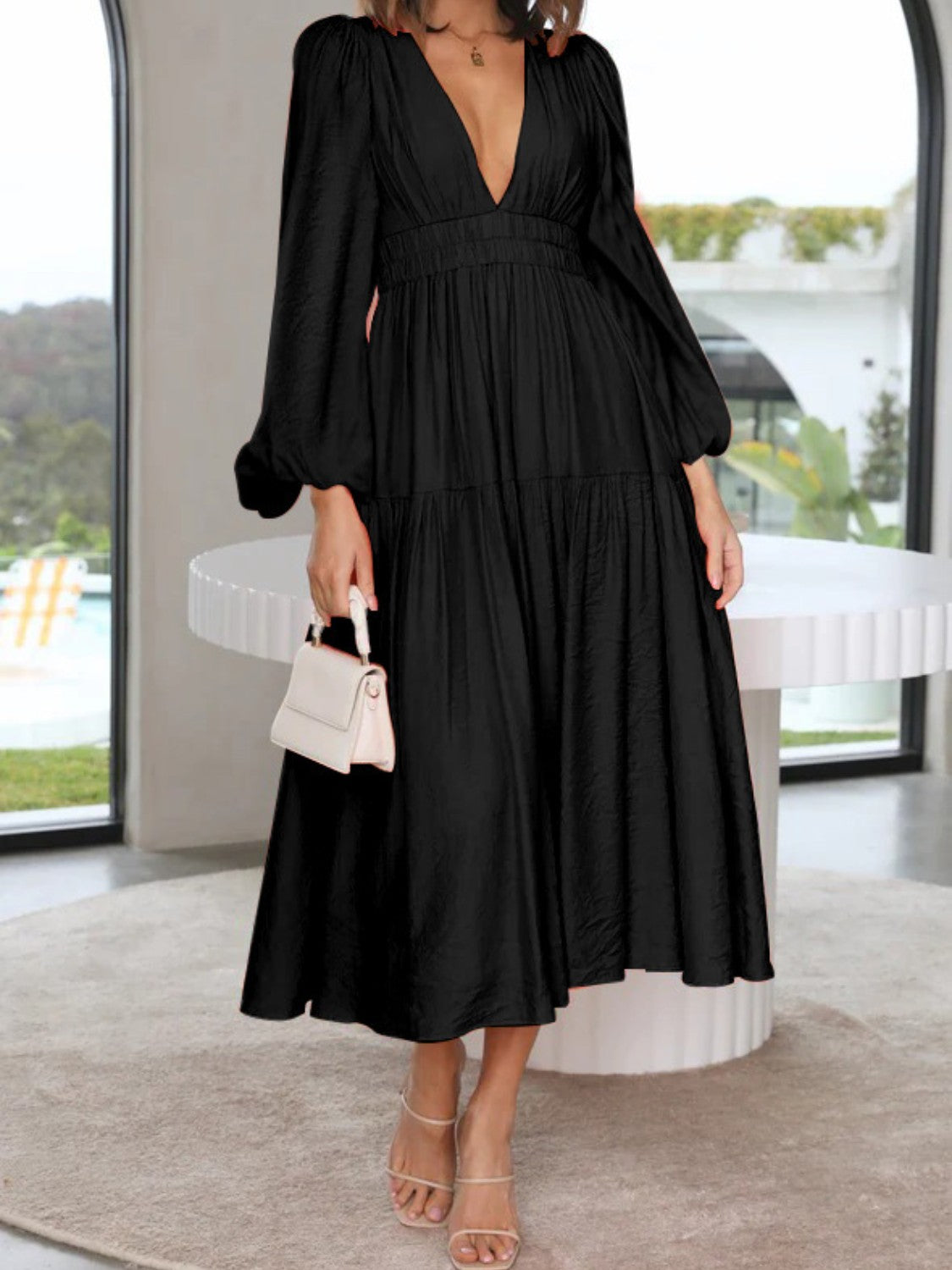 Deep V-Neck Balloon Sleeve Plain Maxi Dress - SELFTRITSS   