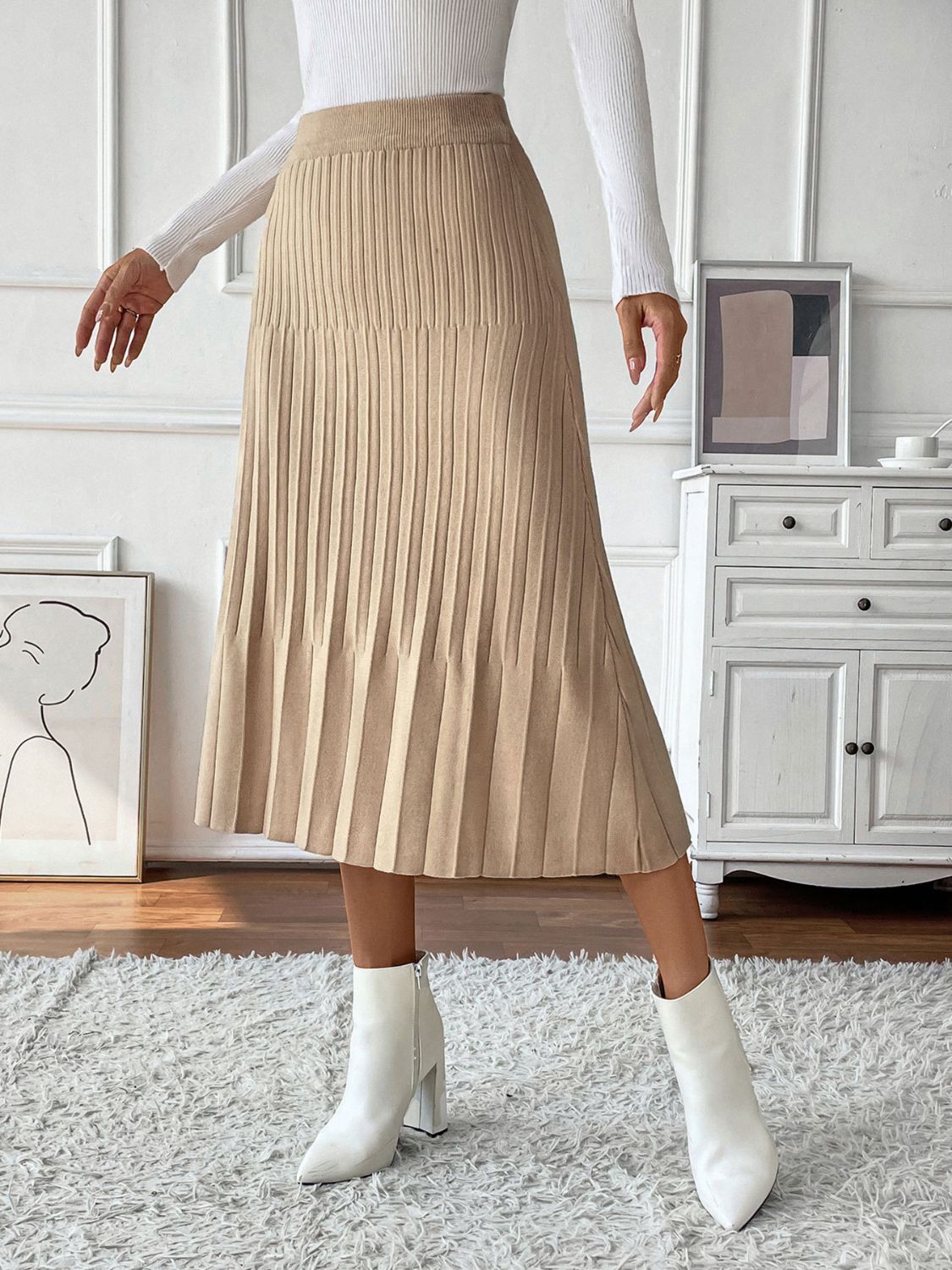 Tan Pleated Midi  Skirt