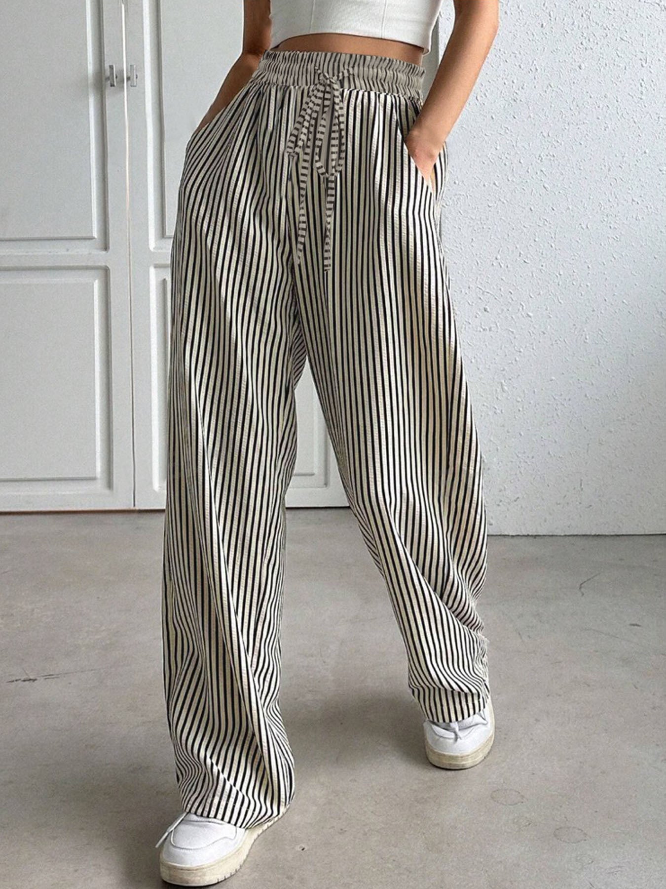 Drawstring Striped Elastic Waist Pants