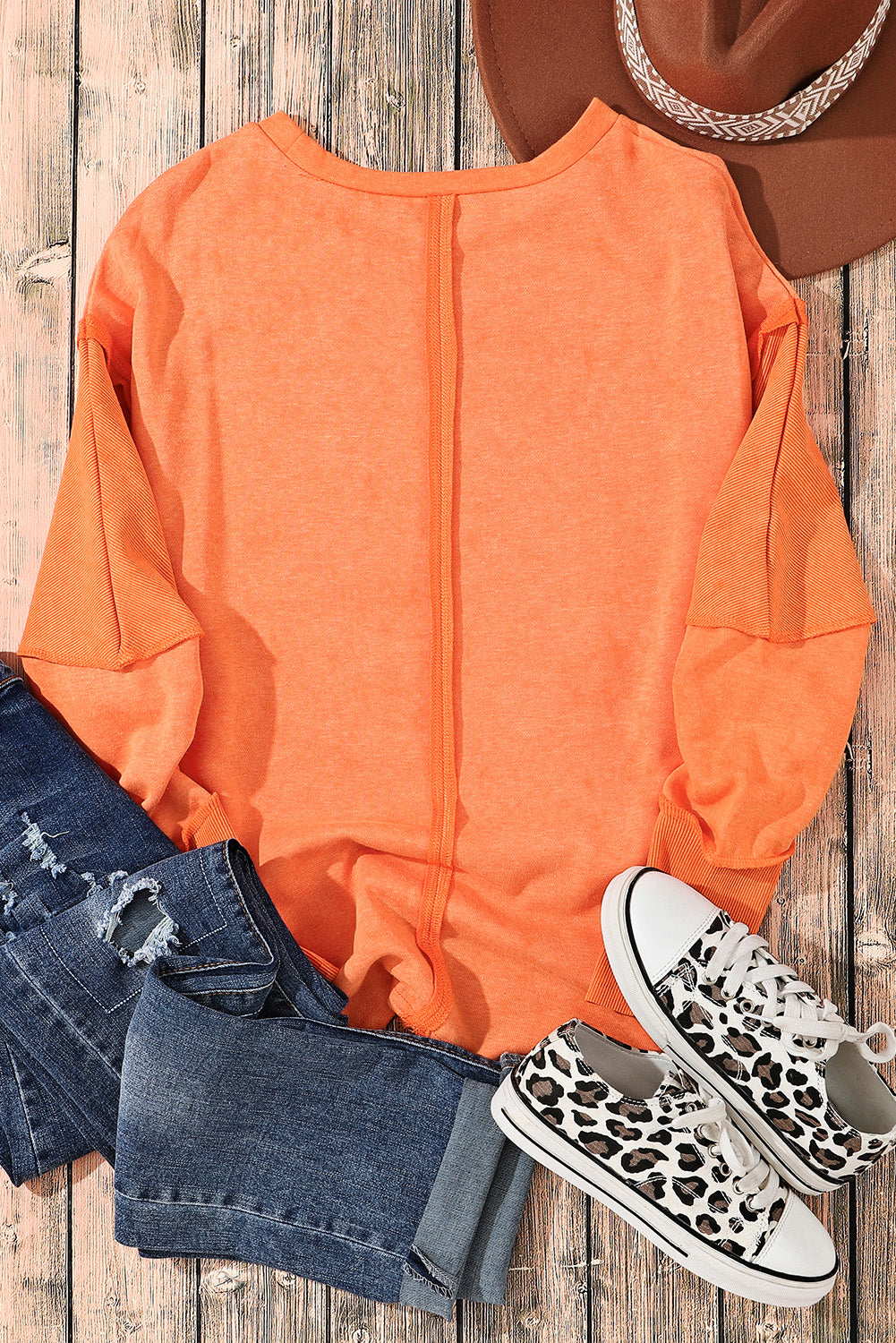 Orange Exposed Seamed High Low Raw Edge Sweatshirt - SELFTRITSS