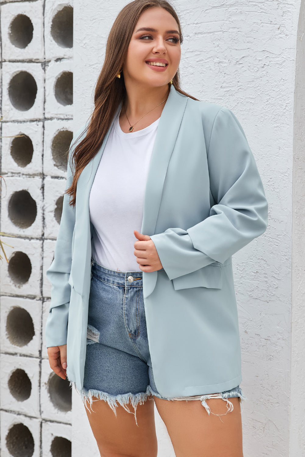 Sky Blue Plus Size Soft Lightweight Pocketed Lapel Blazer - SELFTRITSS