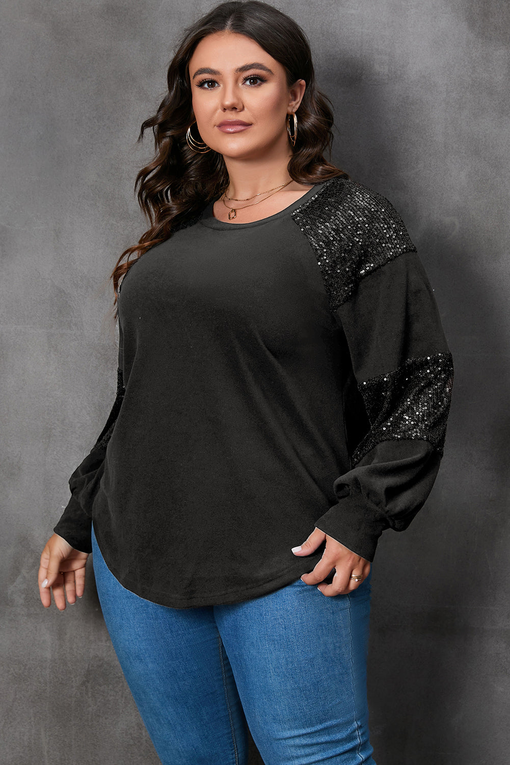 Black Plus Size Sequin Patchwork Crew Neck Long Sleeve Top - SELFTRITSS