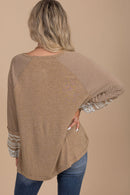 Light French Beige Floral Striped Patchwork Loose Long Sleeve Top - SELFTRITSS   