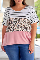 Striped Leopard Color Block Plus Size T-Shirt - SELFTRITSS   