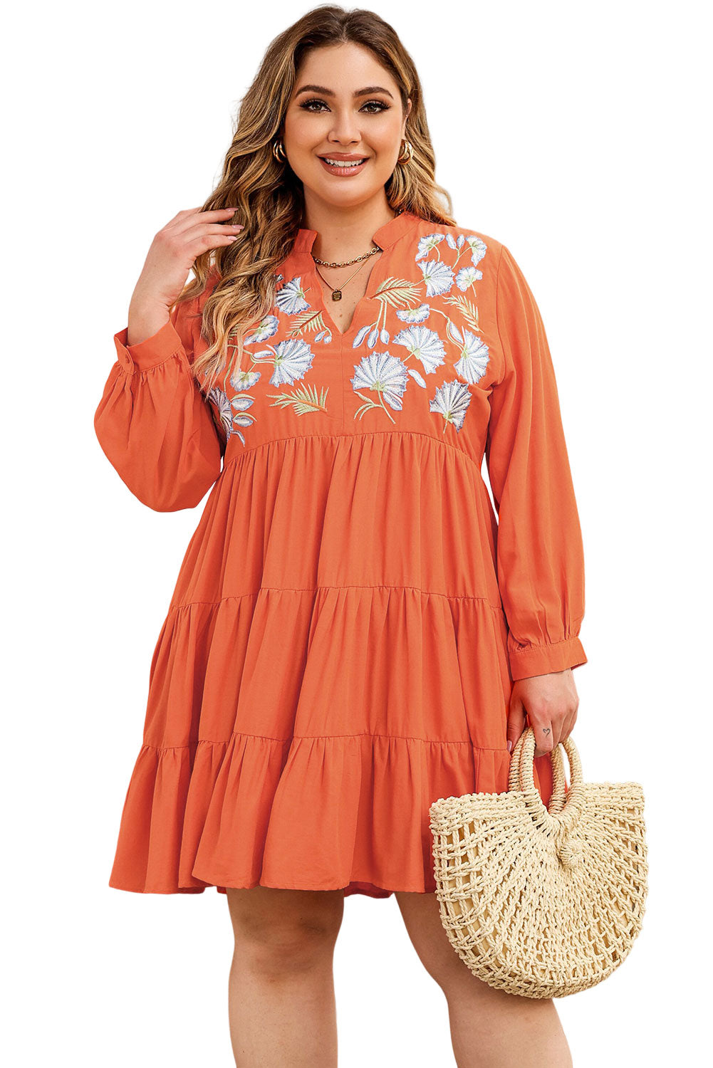 Orange Plus Size Embroidered Tiered Ruffle Dress - SELFTRITSS