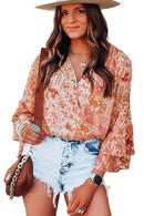 Orange Floral Print Ruffled Bell Sleeve V Neck Bodysuit - SELFTRITSS