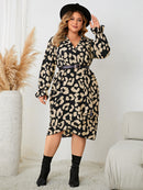 Plus Size Leopard Surplice Neck Flounce Sleeve Dress - SELFTRITSS