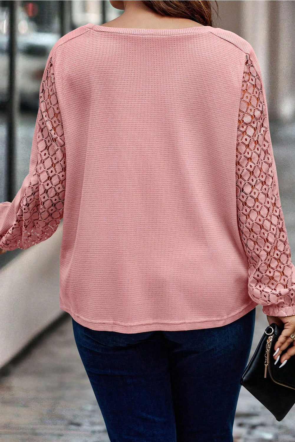 Apricot Pink Plus Size Contrast Lace Sleeve Textured Knit Top - SELFTRITSS