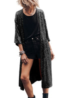 Black Sequin 3/4 Sleeve Open Front Duster Kimono - SELFTRITSS   