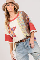 SAGE + FIG Round Neck Plaid Star Patch T-Shirt - SELFTRITSS   