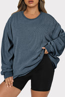 Blue Plus Size Corded Round Neck Sweatshirt - SELFTRITSS