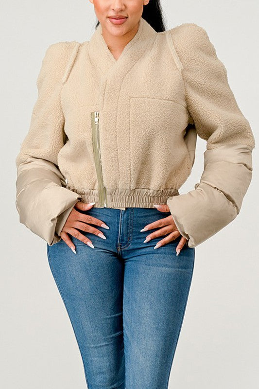 Plush Puff Sleeve Bomber Jacket - SELFTRITSS   