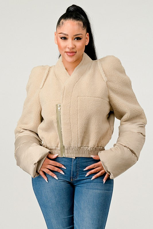 Plush Puff Sleeve Bomber Jacket - SELFTRITSS   