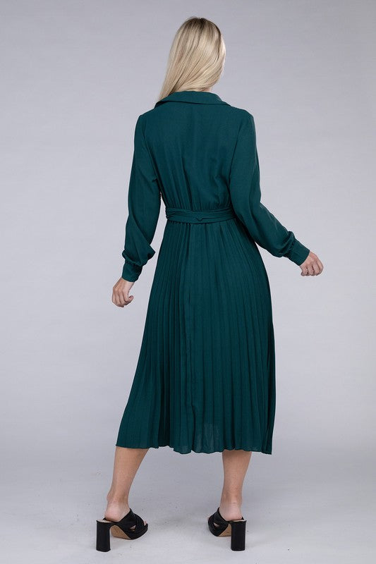 Pleated Maxi Dress with belt - SELFTRITSS