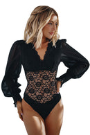 Black Bubble Sleeve Scalloped Lace Bodysuit - SELFTRITSS