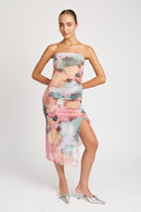 FLORAL SHIRRED MIDI DRESS WITH HIGH SLIT - SELFTRITSS