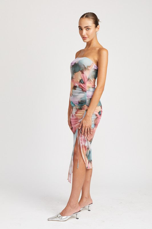 FLORAL SHIRRED MIDI DRESS WITH HIGH SLIT - SELFTRITSS