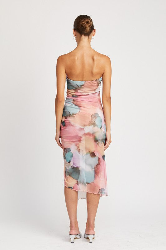FLORAL SHIRRED MIDI DRESS WITH HIGH SLIT - SELFTRITSS