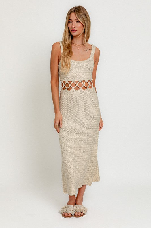 Square Neck Sleeveless Crochet Midi Dress - SELFTRITSS   