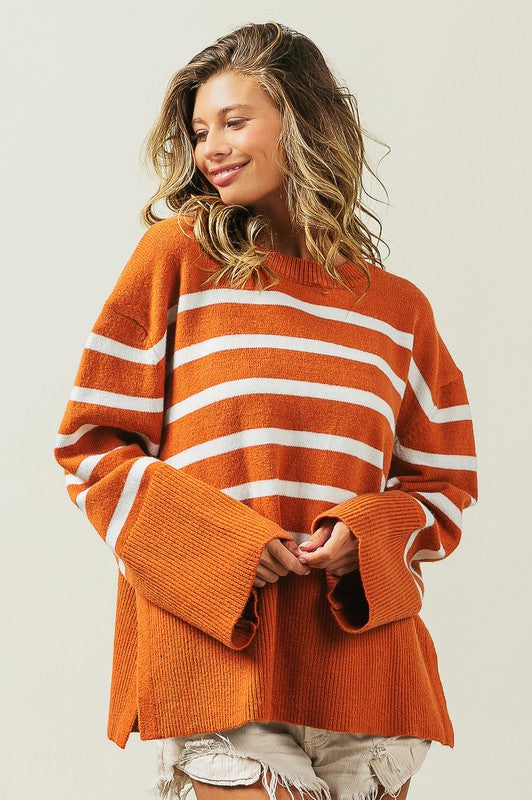 Tangarine Ribbed Hem Stripe Sweater