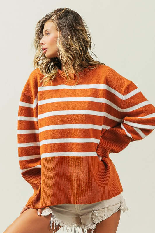 Tangarine Ribbed Hem Stripe Sweater