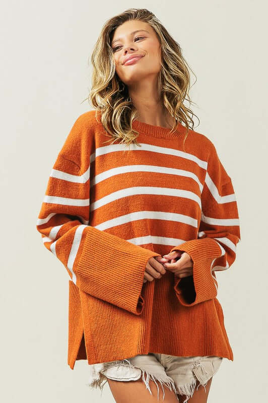 Tangarine Ribbed Hem Stripe Sweater