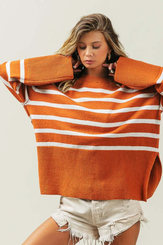 Tangarine Ribbed Hem Stripe Sweater