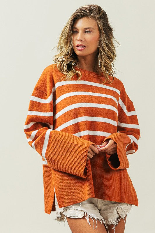 Tangarine Ribbed Hem Stripe Sweater