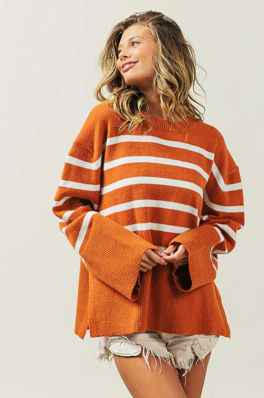 Tangarine Ribbed Hem Stripe Sweater