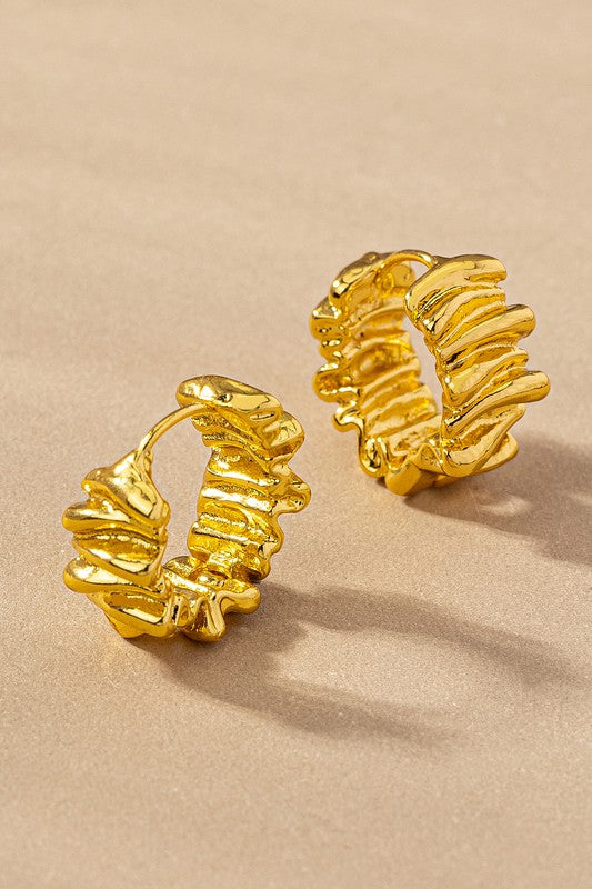 Brass ruffled ribbon huggie hoop earrings - SELFTRITSS   