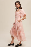 Flower Embroidered Puff Sleeve Tiered Maxi Dress - SELFTRITSS   