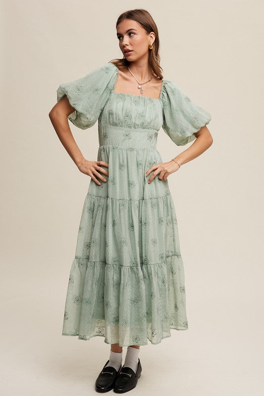 Flower Embroidered Puff Sleeve Tiered Maxi Dress - SELFTRITSS   